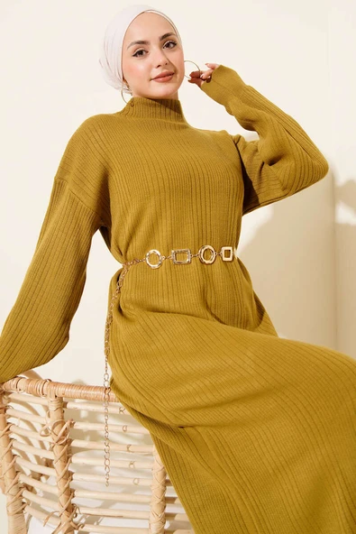 Fitilli Basic Triko Elbise Yağ Yeşili - Resim 1