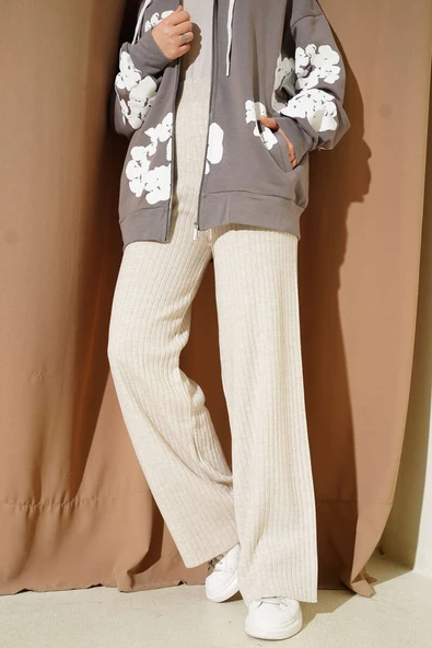 Fitilli Geniş Paça Triko Pantolon Bej - Resim 2