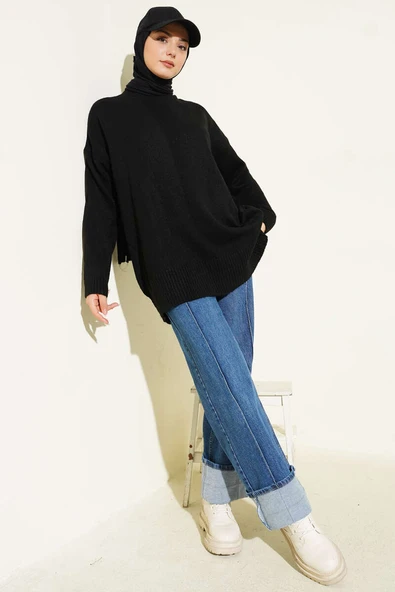 Basic Düşük Omuz Salaş Triko Tunik Siyah - Resim 2