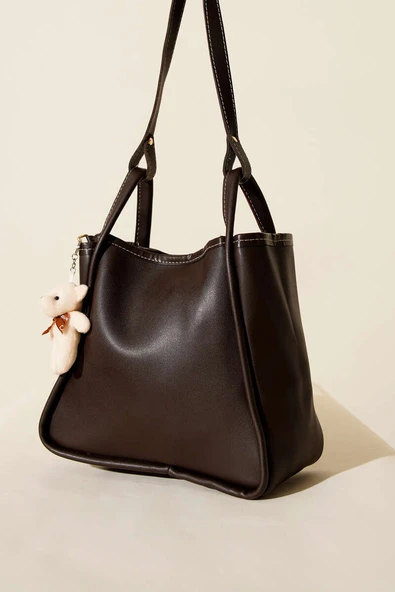 Çıtçıtlı Makyaj Çantalı Kadın El Çantası Acı Kahve ürün görseli 1