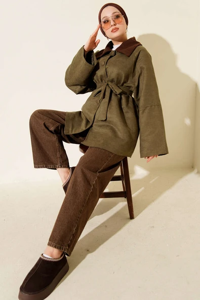 Kadife Yaka Süet Kuşaklı Ceket Haki - Resim 2
