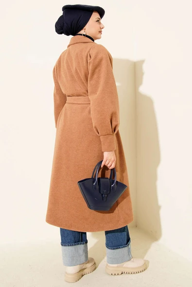 Kruvaze Yaka Kuşaklı Astarlı Kaşe Kaban Camel - Resim 3