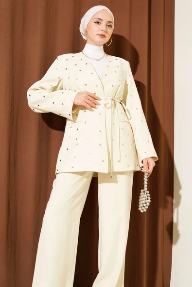 Zımbalı Ceketli Tencel İkili Takım Bej - Resim 2