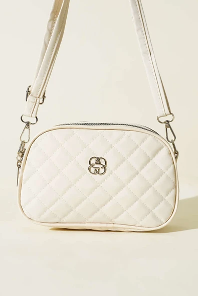 Metal Armalı 3 Bölmeli El Çantası Krem - Resim 2