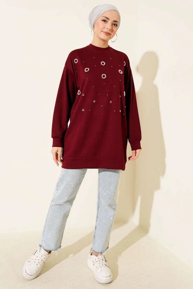Loyşa Yuvarlak İncili Tunik Bordo - Resim 2