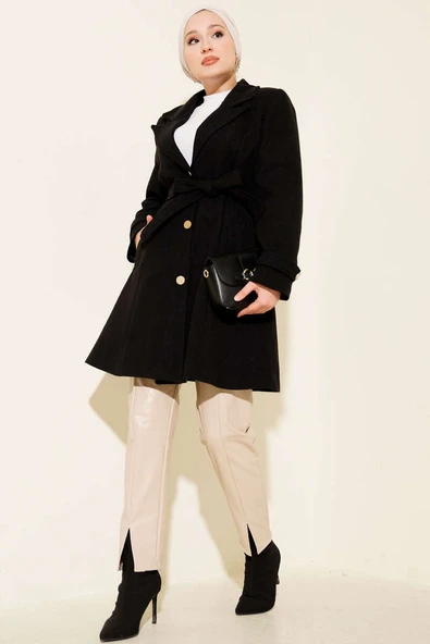 Kuşaklı Gold Düğmeli Kaşe Kaban Siyah - Resim 2