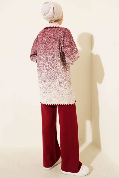 Nokta Desen Gömlek Yaka Triko Takım Bordo - Resim 3