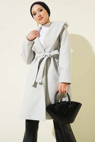 Kuşaklı Kapüşonlu Kaşe Kaban Gri - Resim 2