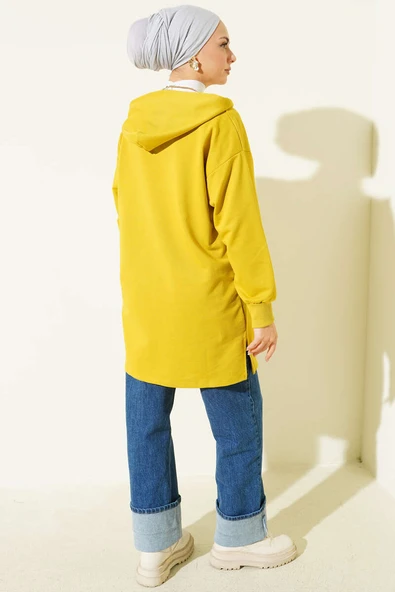 Kapüşonlu Yarım Fermuarlı Baskılı Tunik Yağ Yeşili - Resim 3