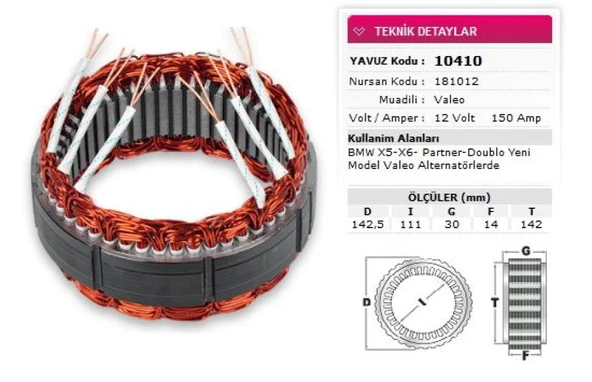 Fiat Stator Valeo Tip 12v 150a Bmw X5 X6 Partner Doblo Ym Valeo 6 Uclu Nursan 181012 - Yavuz 10 410 ürün görseli