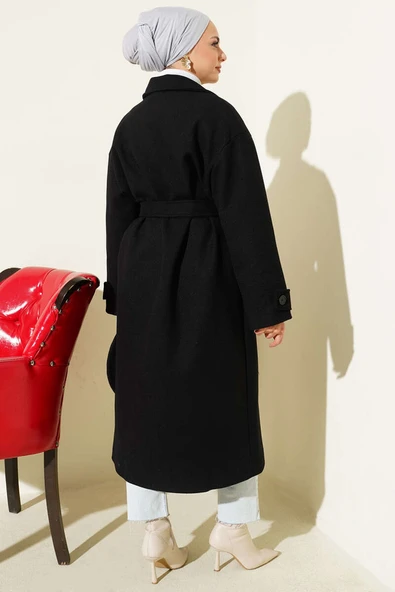 İki Düğmeli Kruvaze Yaka Kaşe Kaban Siyah - Resim 3