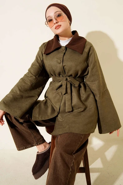 Kadife Yaka Süet Kuşaklı Ceket Haki ürün görseli 1