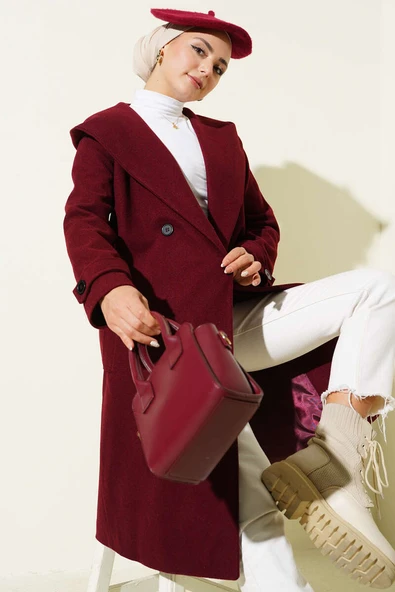 Kapüşonlu Düğmeli Kaşe Kaban Bordo ürün görseli 1