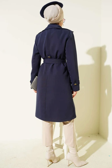 Tek Omuz Apoletli Kruvaze Trençkot Lacivert - Resim 3