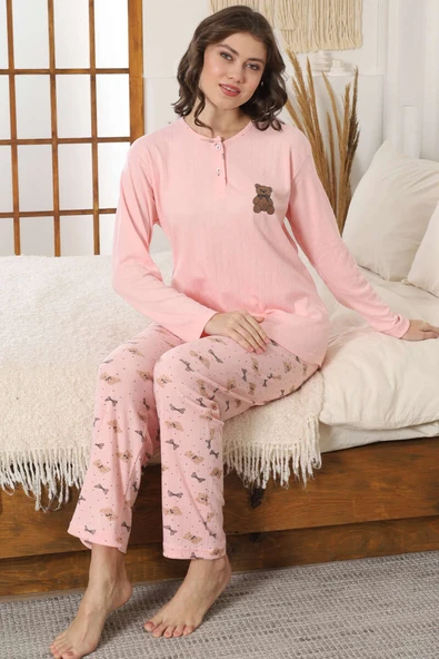 Ayıcık Nakışlı Fitilli Uzun Kollu Pijama Takımı Yavru Ağzı ürün görseli 1