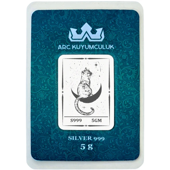 Ay ve Kedi Temalı 999 Ayar Gümüş ile Tasarlanmış Hediyeye Özel 5 Gram Gümüş Külçesi-720 ürün görseli