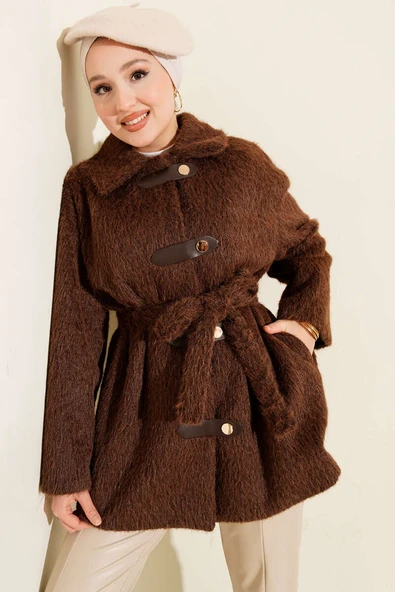 Deri Çıtçıtlı Sakallı Kuşaklı Ceket Kahve ürün görseli 1