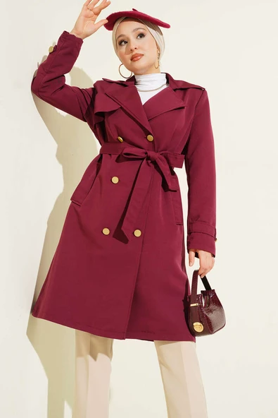Tek Omuz Apoletli Kruvaze Trençkot Bordo - Resim 2