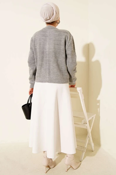 Zikzak Desenli Gold Düğmeli Triko Hırka Gri - Resim 3