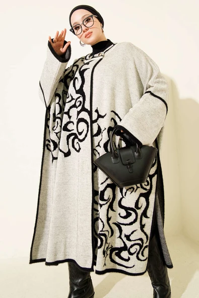 Angora Detaylı Yaka Düğmeli Panço Siyah Bej - Resim 2