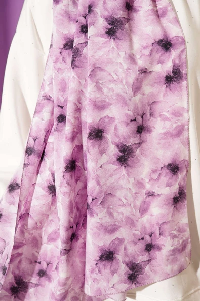 Çiçek Desenli Rami Şal Lila - Resim 4