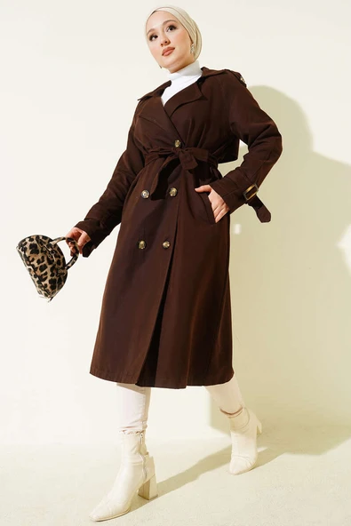 Apoletli Kruvaze Yaka Trençkot Acı Kahve ürün görseli 1