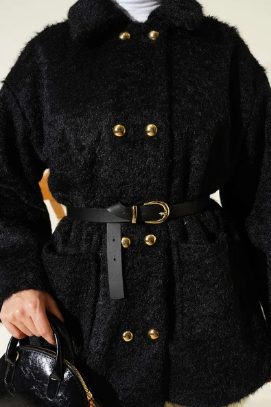 Gold Düğmeli Sakallı Kemerli Ceket Siyah - Resim 4