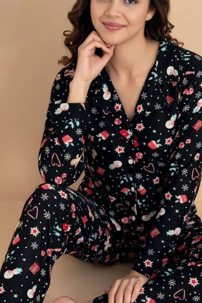 Gömlek Yaka Desenli Süet Pijama Takımı Siyah - Resim 2