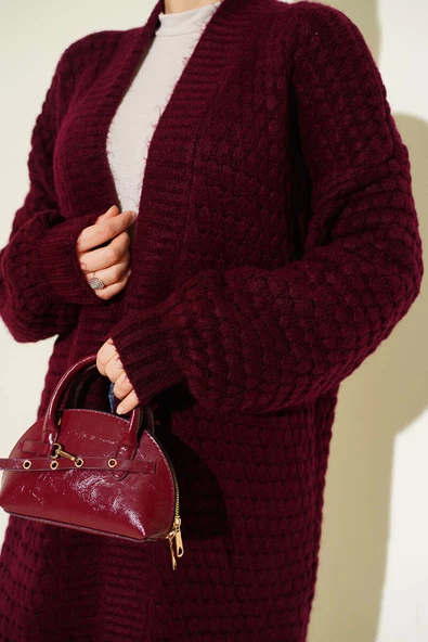 Nohut Desen Uzun Triko Hırka Bordo - Resim 4