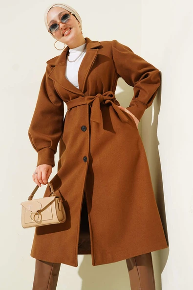 Balon Kollu Uzun Model Taba Kaşe Kaban - Resim 2