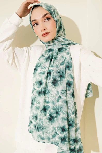 Çiçek Desenli Rami Şal Petrol Yeşili - Resim 2