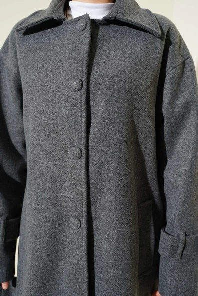 Kuşaklı Düğmeli Kaşe Kaban Füme - Resim 4