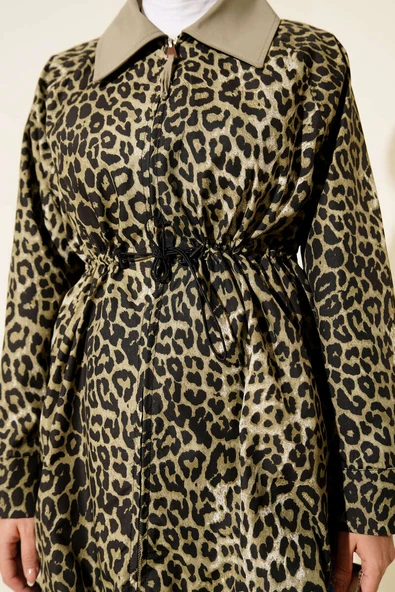 Etek Ucu Gizli Lastikli Leopar Trençkot Çağla Yeşili - Resim 4