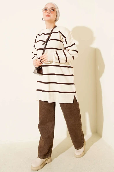 Bisiklet Yaka Yatay Çizgili Triko Tunik Taş - Resim 2