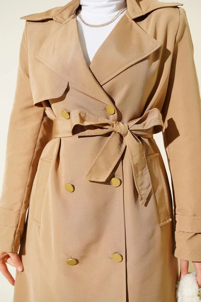 Tek Omuz Apoletli Kruvaze Trençkot Latte - Resim 4