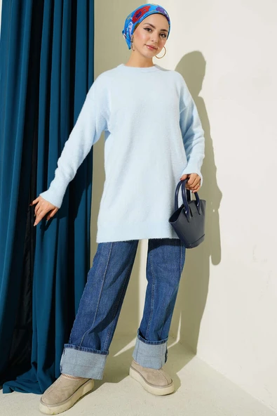 Basic Sakallı Yumoş Triko Tunik Mavi - Resim 2