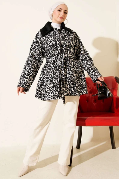 Leopar Desen Kadife Yaka Trençkot Siyah - Resim 2