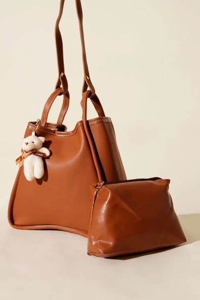 Çıtçıtlı Makyaj Çantalı Kadın El Çantası Taba ürün görseli 1