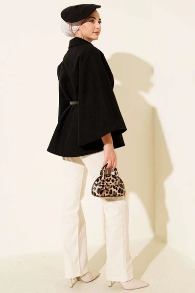 Kemerli Gömlek Yaka Kaşe Panço Siyah - Resim 3