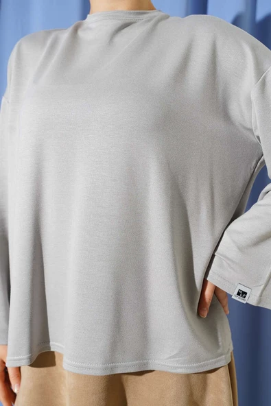 Loyşa Bilek Armalı Basic Bluz Gri - Resim 4