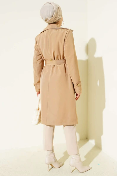 Tek Omuz Apoletli Kruvaze Trençkot Latte - Resim 3