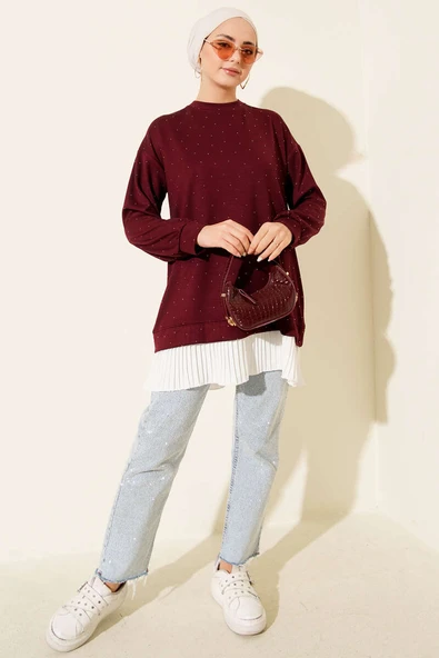 Loyşa Taşlı Piliseli Tunik Bordo - Resim 2