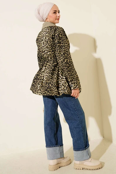 Etek Ucu Gizli Lastikli Leopar Trençkot Çağla Yeşili - Resim 3