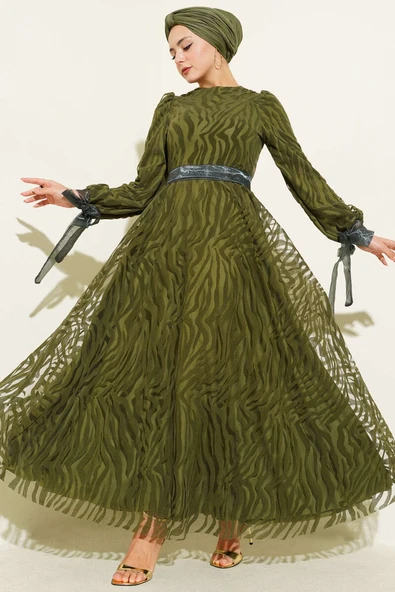 Dalga Desen Tül Kuşak Abiye Elbise Haki ürün görseli 1