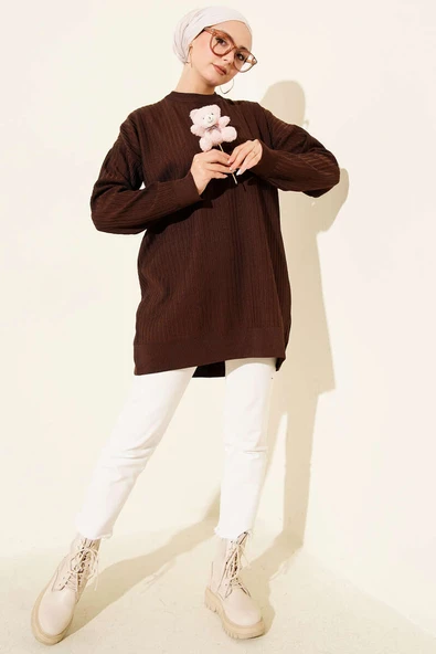 Geniş Ribanalı Triko Tunik Acı Kahve - Resim 2