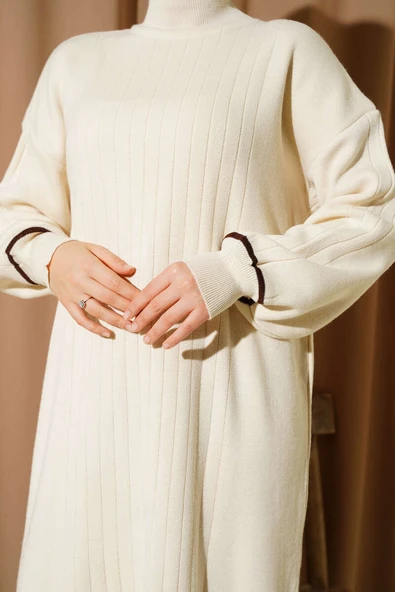 Etek Ucu Fırfır Detaylı Triko Elbise Taş - Resim 4