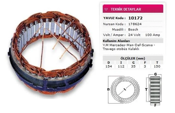Mercedes Truck Stator Bosch Tip 24v 100a Ym Mercedes Man Daf Scanıa Travego Otobus Kulaklı Nursan 178624 - Yavuz 10 172 ürün görseli