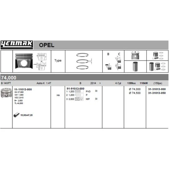 Opel Piston Segman Komple 0,50 Astra K 16> Mokka / Mokka X 13> B14xft B14xfl - Yenmak 31-31013-050 ürün görseli 1