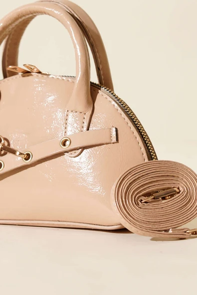 Fermuarlı Oval Mini El Çanta Bej - Resim 3