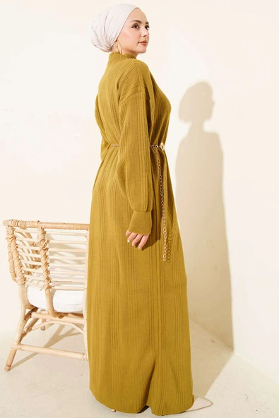 Fitilli Basic Triko Elbise Yağ Yeşili - Resim 3